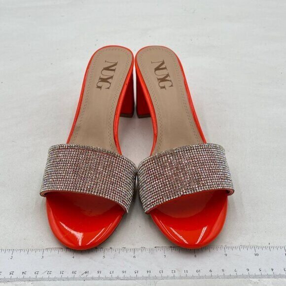Orange Open Toe Rhinestones Slip On Slide Sandals Chunky Heel Backless Mule - Picture 2 of 8